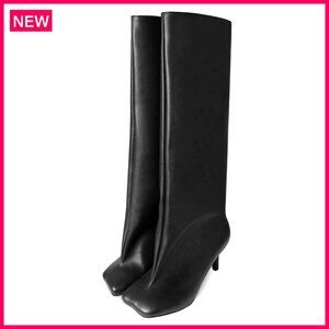 Suede Knee High Boots Wide Calf Square Toe Stiletto Heels Women's Shoes